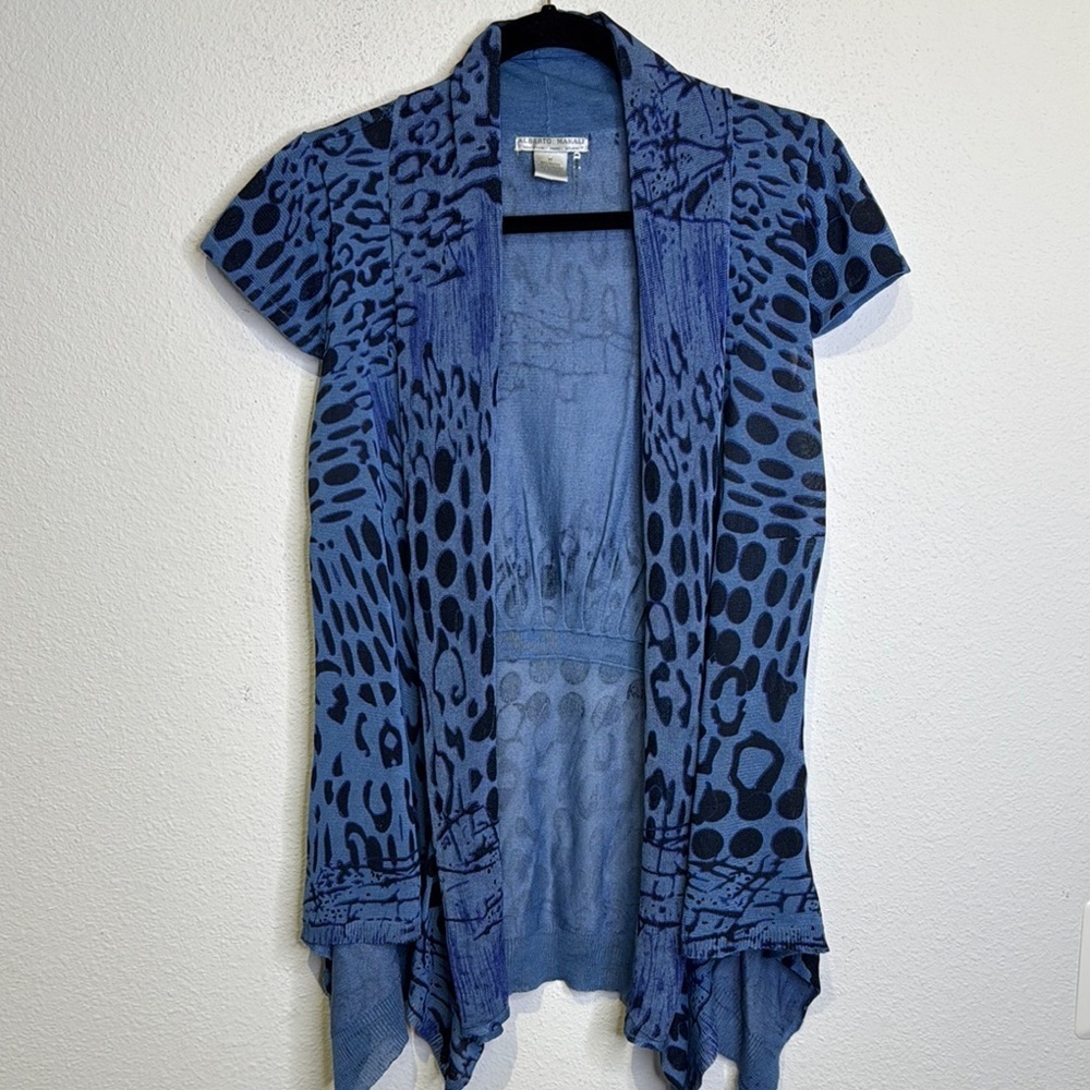 Alberto Makali Medium blue animal print open front vest cardigan